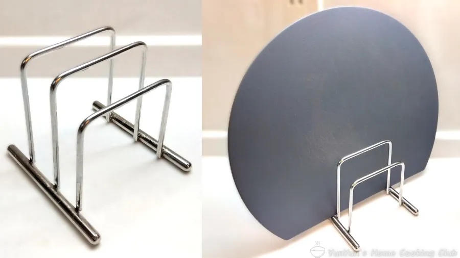 愛用しているまな板スタンド本体とD型まな板を収納した様子の比較画像